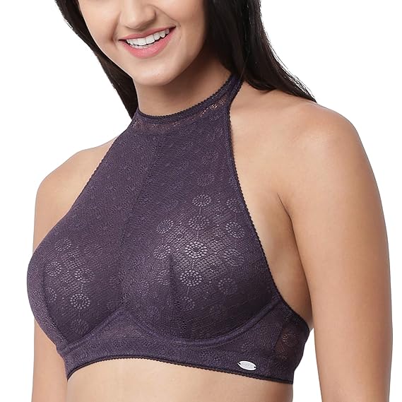 Enamor Women's Everyday Fashion Bra – Full Support, Non-Padded, Wired, Full Coverage, Halter Neck with Lace Detailing